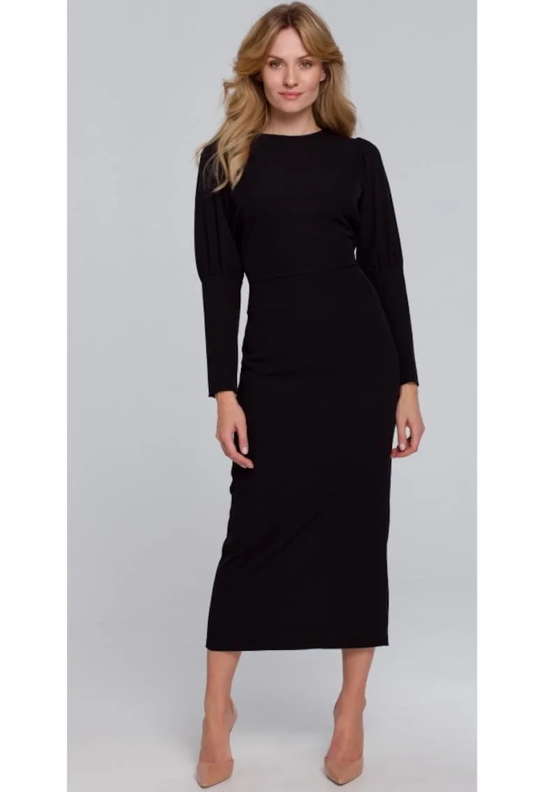 Rochie midi cu mansete inalte, Negru