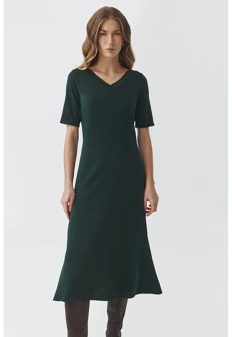 Rochie midi evazata cu decolteu in V, Verde inchis
