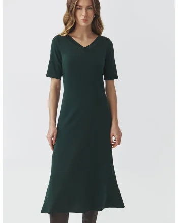 Rochie midi evazata cu decolteu in V, Verde inchis