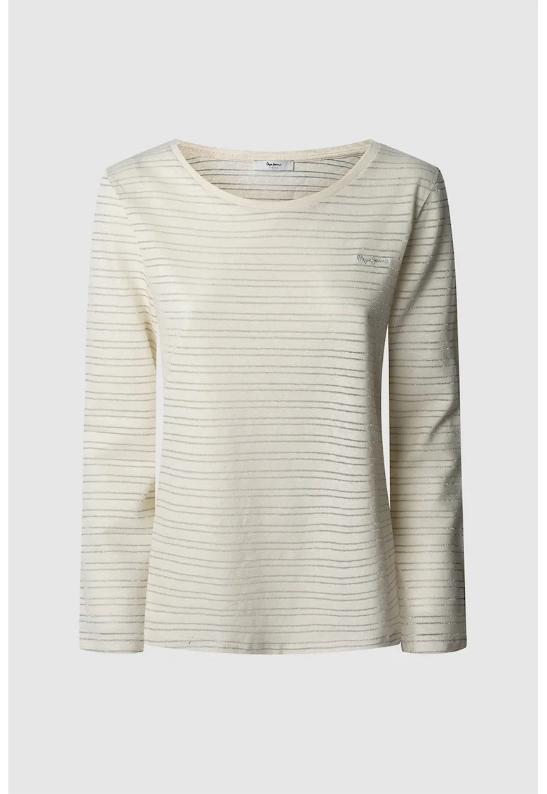 Bluza din amestec de in cu model in dungi, Crem