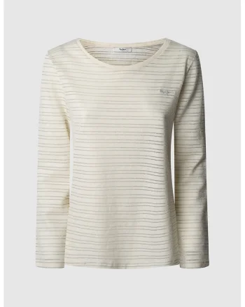 Bluza din amestec de in cu model in dungi, Crem