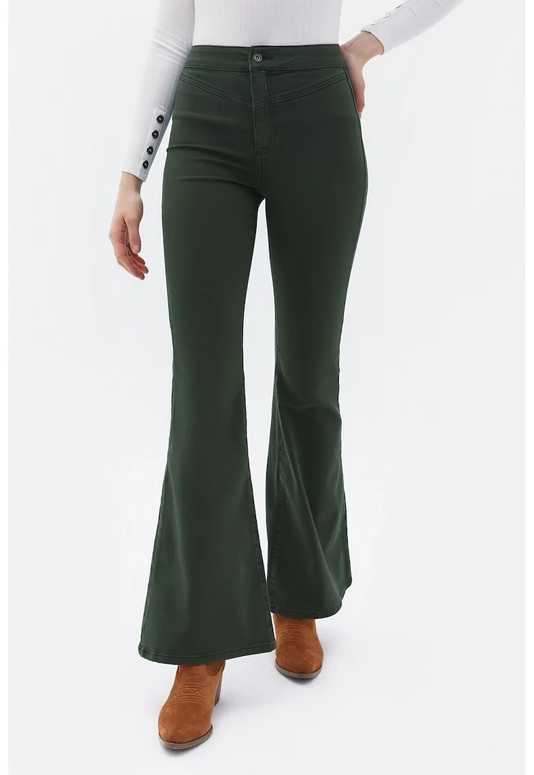 Pantaloni cu croiala ampla si talie inalta, Verde padure
