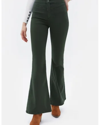 Pantaloni cu croiala ampla si talie inalta, Verde padure