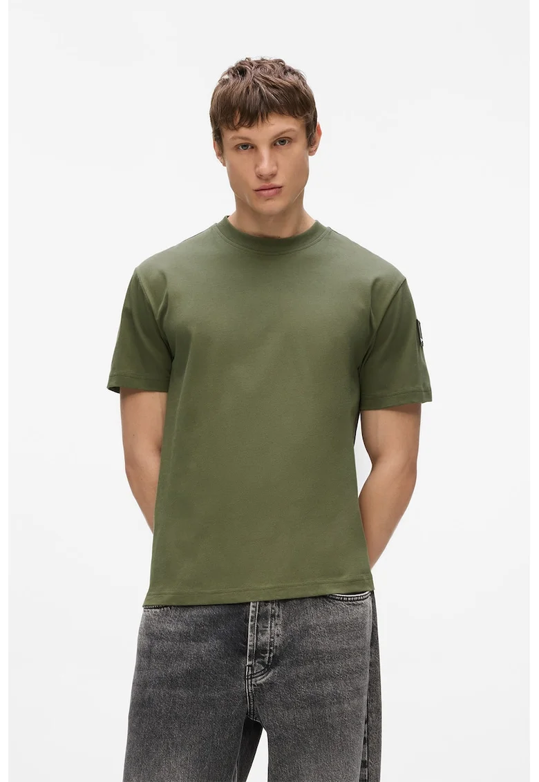 Tricou din bumbac organic cu maneci cu aplicatie logo, Verde stins