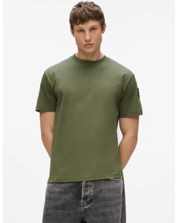 Tricou din bumbac organic cu maneci cu aplicatie logo, Verde stins