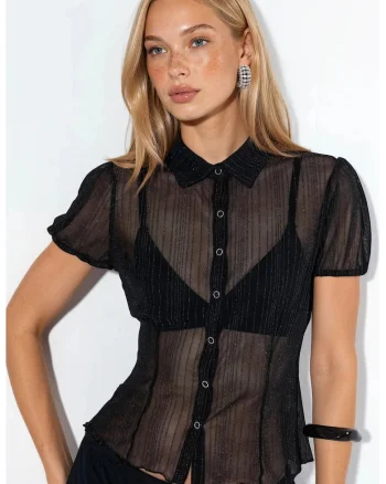 Camasa  dama, maneca scurta, neagra, poliamida si elastan, croiala regular