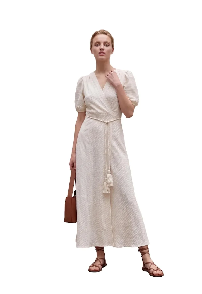 Rochie Maxi,  Petrecuta, Decolteu in V, Crem Natural, Bumbac/Poliester