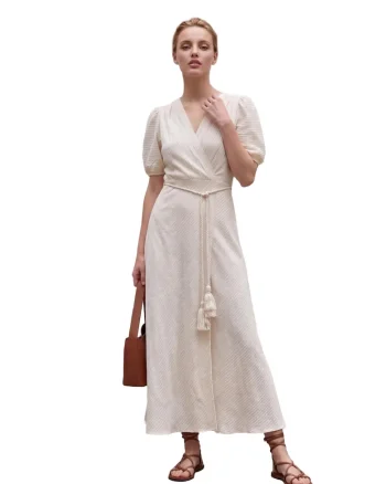 Rochie Maxi,  Petrecuta, Decolteu in V, Crem Natural, Bumbac/Poliester