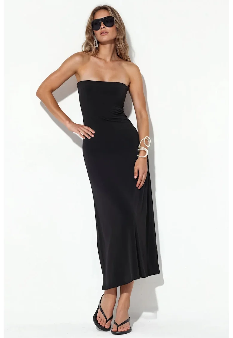 Rochie Maxi Femei  Dreapta Fara Bretele, Negru, Poliester si Elastan, cu Crapatura Laterala