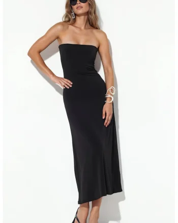 Rochie Maxi Femei  Dreapta Fara Bretele, Negru, Poliester si Elastan, cu Crapatura Laterala