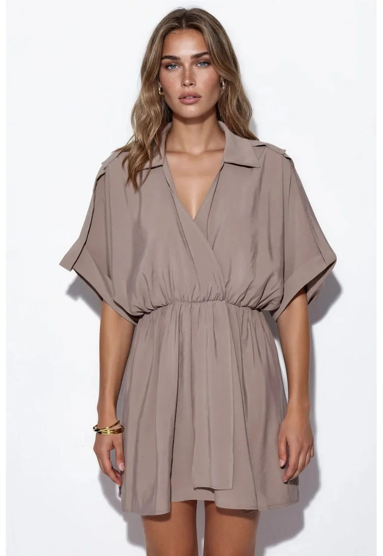 Rochie Mini  Casual, Bej Natural, Texturata, Fara inchidere, Maneca scurta