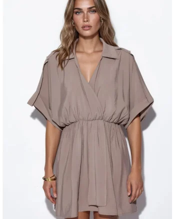 Rochie Mini  Casual, Bej Natural, Texturata, Fara inchidere, Maneca scurta