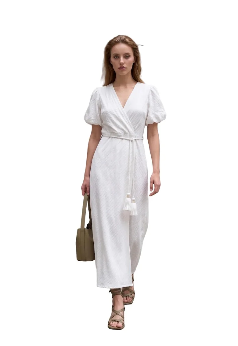 Rochie maxi,  decolteu in V, cu cordon, alb, bumbac/poliester