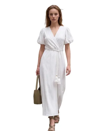 Rochie maxi,  decolteu in V, cu cordon, alb, bumbac/poliester