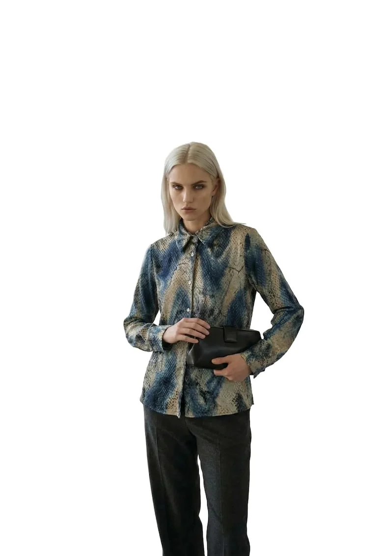 Camasa  regular fit, imprimeu abstract, bej/albastru, bumbac-poliester,