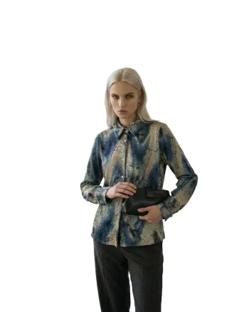 Camasa  regular fit, imprimeu abstract, bej/albastru, bumbac-poliester,