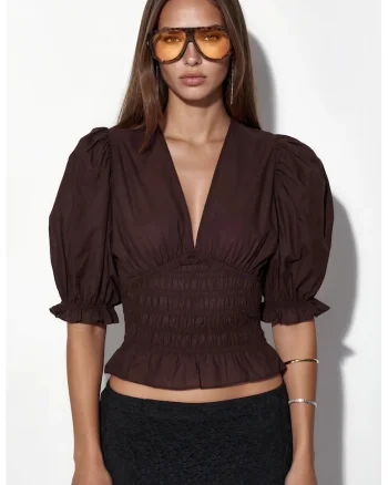 Bluza dama,  mulata, volanase, maro mocha inchis, poliester