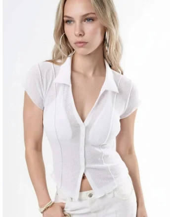 Camasa  cu maneca scurta, poliester, alb, croiala regular, guler clasic