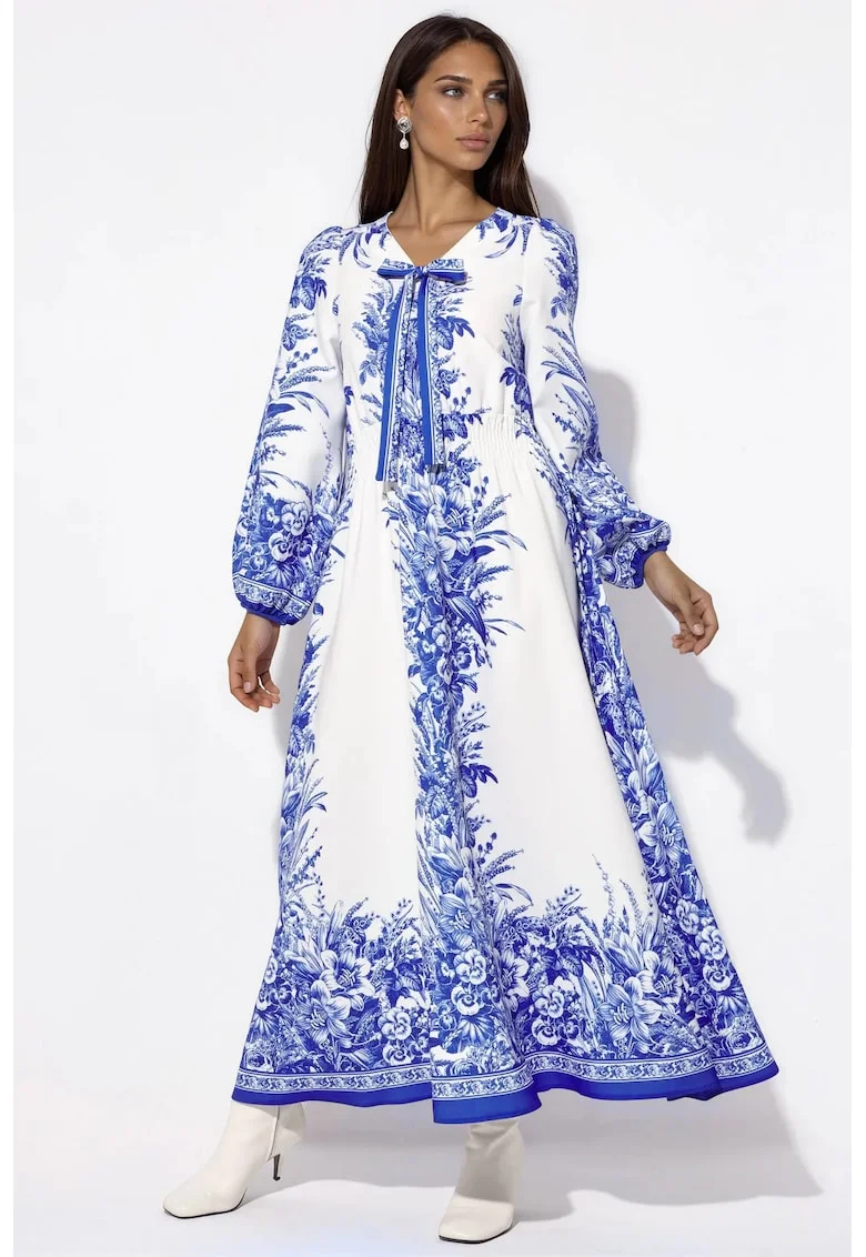 Rochie Maxi,  decolteu in V, maneca lunga, multicolor, poliester cu lycra
