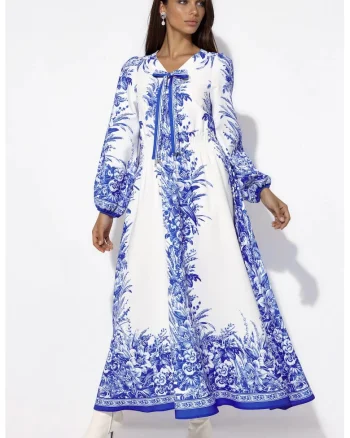 Rochie Maxi,  decolteu in V, maneca lunga, multicolor, poliester cu lycra