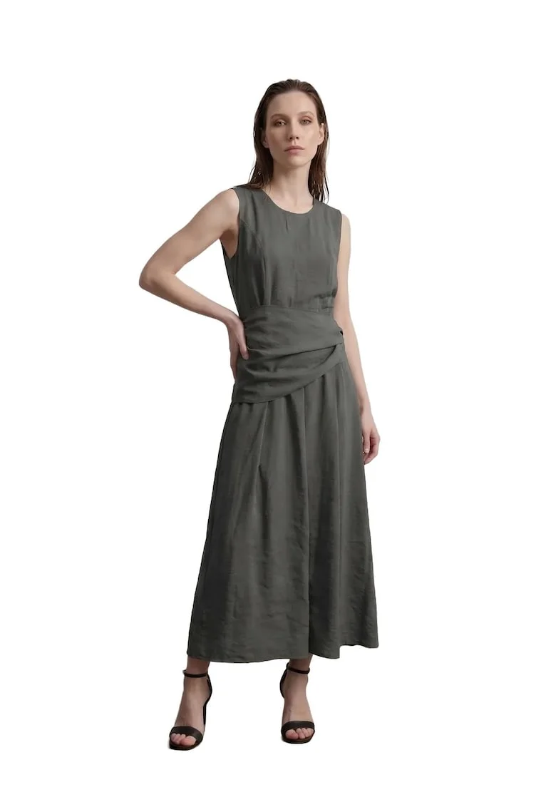 Rochie Midi,  A-Line, Verde masliniu, 100% lyocell
