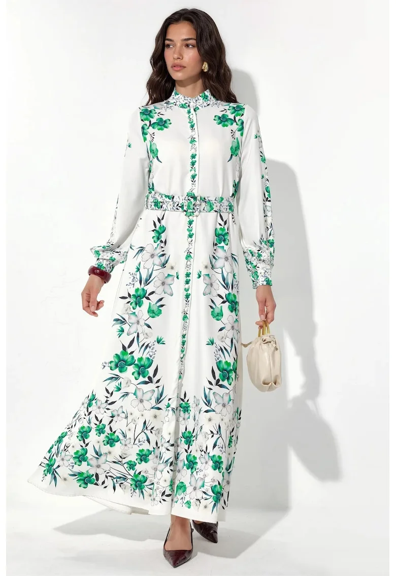 Rochie tip camasa,  floral, alb, poliester cu lycra, cu curea