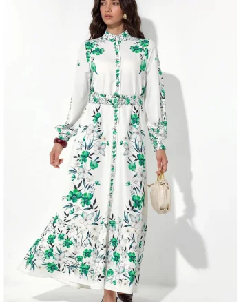 Rochie tip camasa,  floral, alb, poliester cu lycra, cu curea