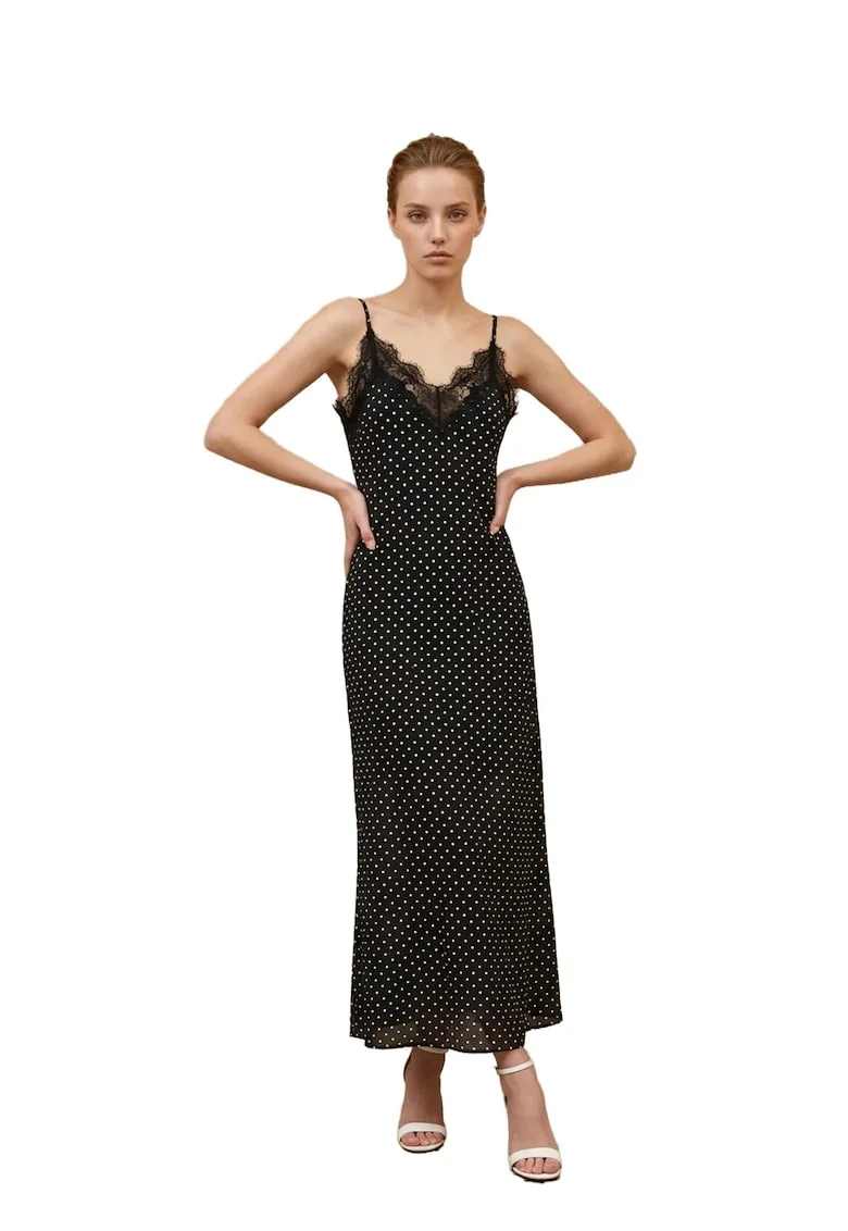 Rochie Maxi  eleganta, cu buline, neagra, cu dantela