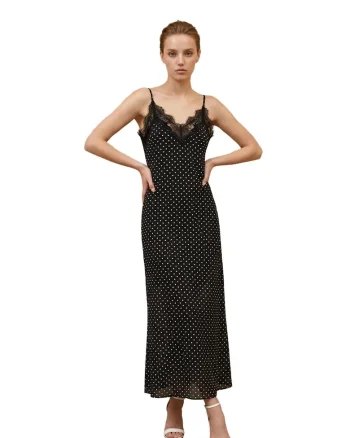 Rochie Maxi  eleganta, cu buline, neagra, cu dantela