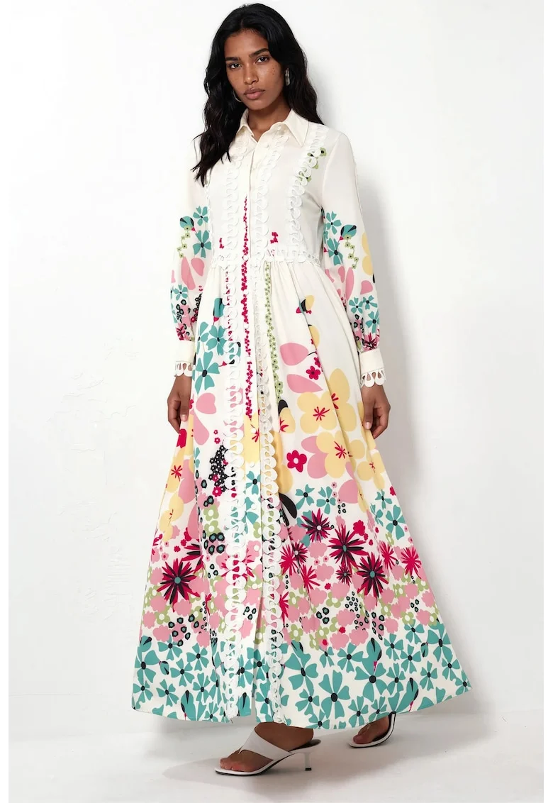 Rochie Maxi,  Floral, Maneca lunga, Multicolor, Poliester-Lycra