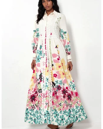 Rochie Maxi,  Floral, Maneca lunga, Multicolor, Poliester-Lycra