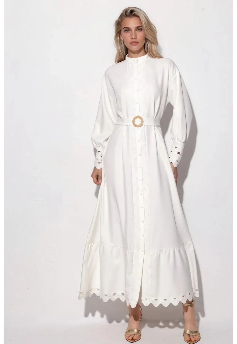 Rochie Maxi,  Casual, Alb, Poliester cu Lycra, Maneca lunga, Guler rotund, Cu cordon