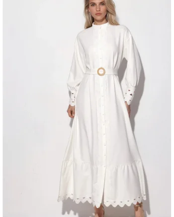 Rochie Maxi,  Casual, Alb, Poliester cu Lycra, Maneca lunga, Guler rotund, Cu cordon