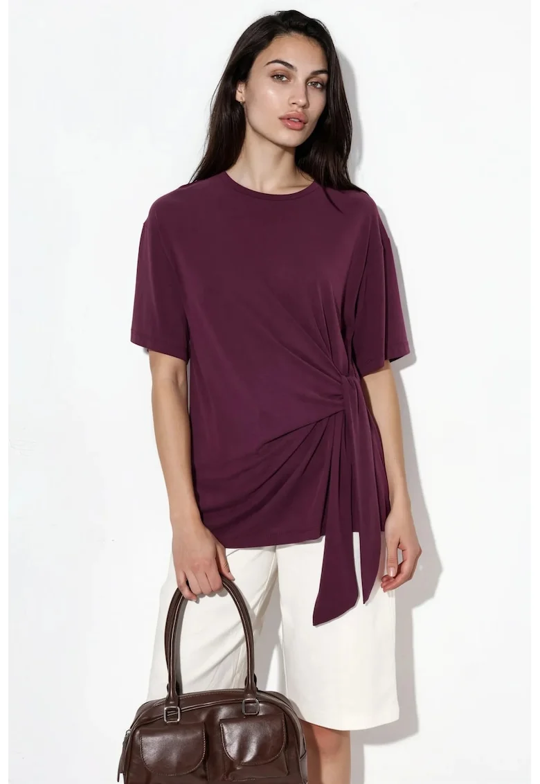 Bluza  casual, decolteu rotund, detaliu asimetric, mov lavanda, jerseu din modal