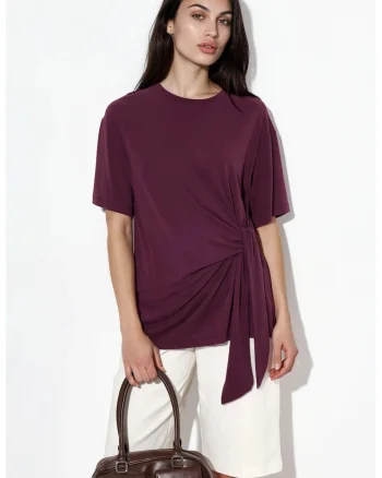 Bluza  casual, decolteu rotund, detaliu asimetric, mov lavanda, jerseu din modal