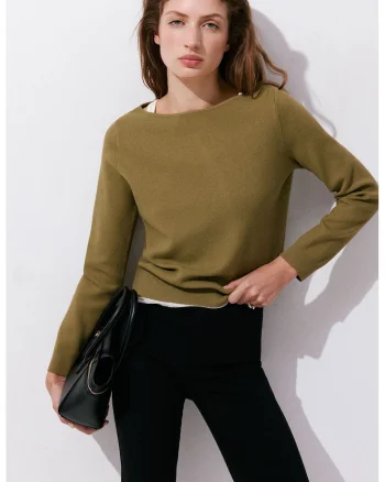 Pulover tricotat cu decolteu barcuta, Verde masliniu