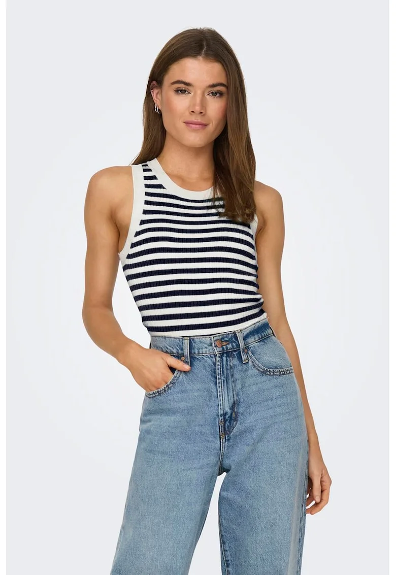 Pulover fara maneci cu dungi, Alb/Negru