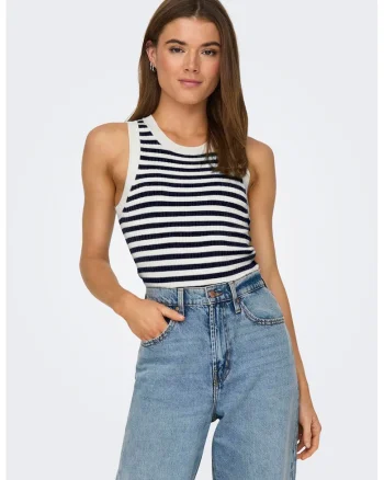 Pulover fara maneci cu dungi, Alb/Negru