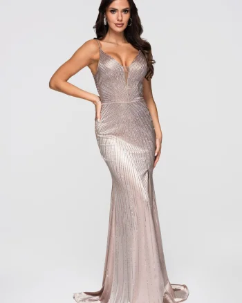 Rochie Maxi de Seara cu Decolteu in V si Cristale Stralucitoare, fara Maneci, Bej