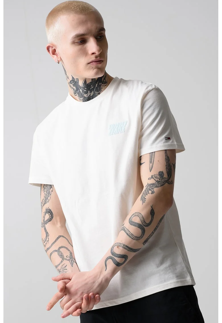 Tricou cu decolteu la baza gatului si imprimeu logo, Alb fildes