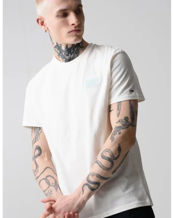 Tricou cu decolteu la baza gatului si imprimeu logo, Alb fildes