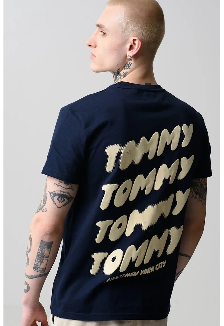 Tricou cu decolteu la baza gatului si imprimeu logo, Albastru ultramarin