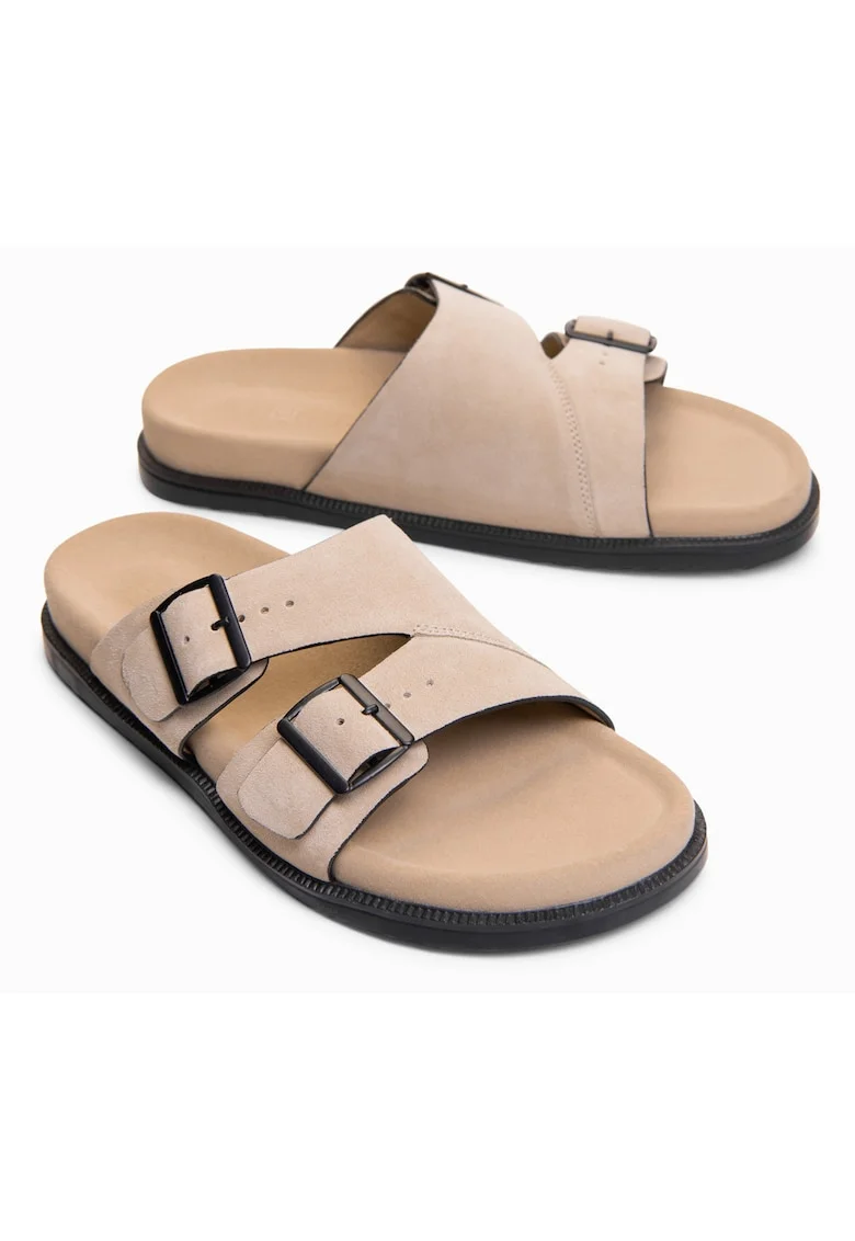 Slapi barbati, piele verde, cu barete, purtare confortabila OM-FOSF-0249, Bej