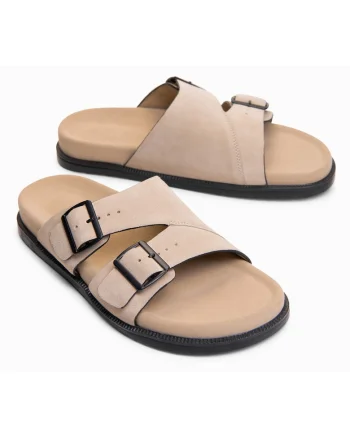Slapi barbati, piele verde, cu barete, purtare confortabila OM-FOSF-0249, Bej