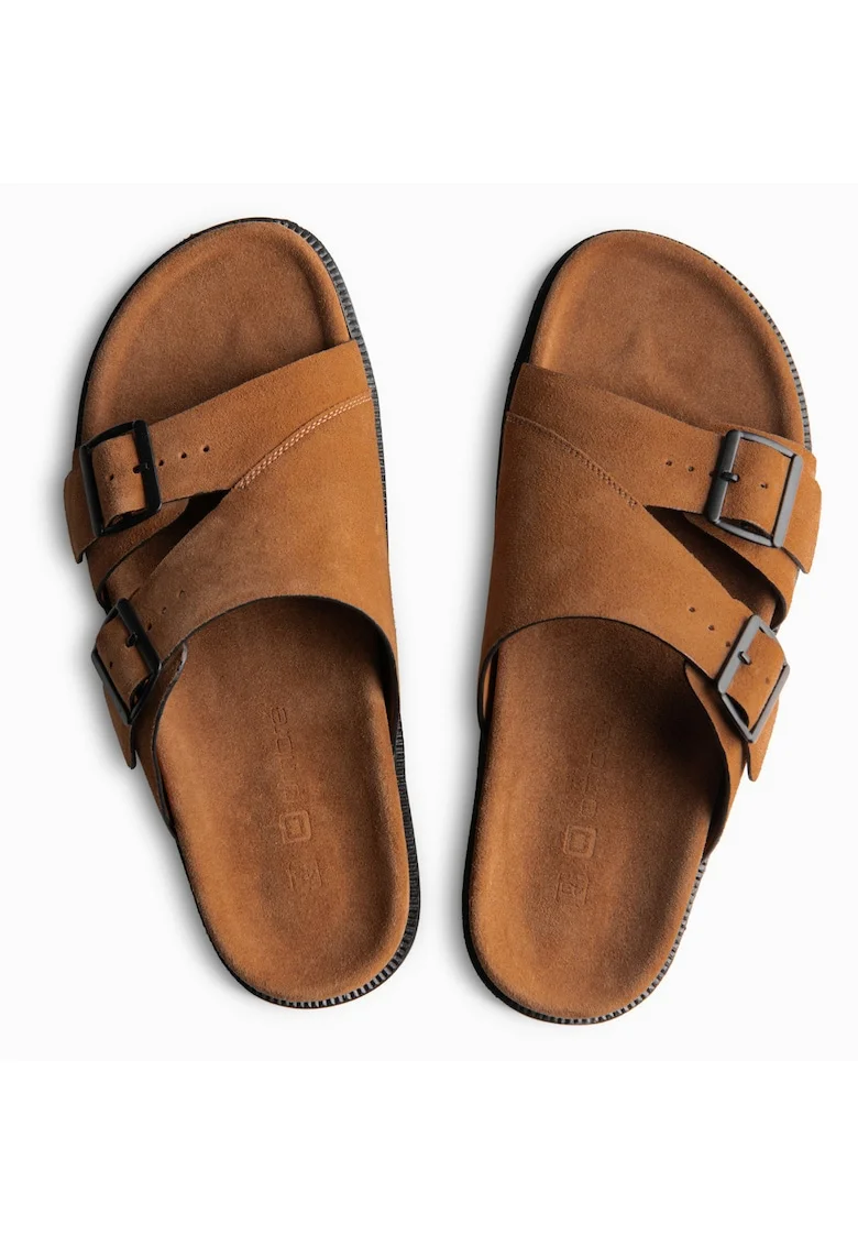 Slapi barbati, piele verde, cu barete, purtare confortabila OM-FOSF-0249, Maro