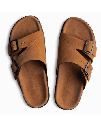 Slapi barbati, piele verde, cu barete, purtare confortabila OM-FOSF-0249, Maro