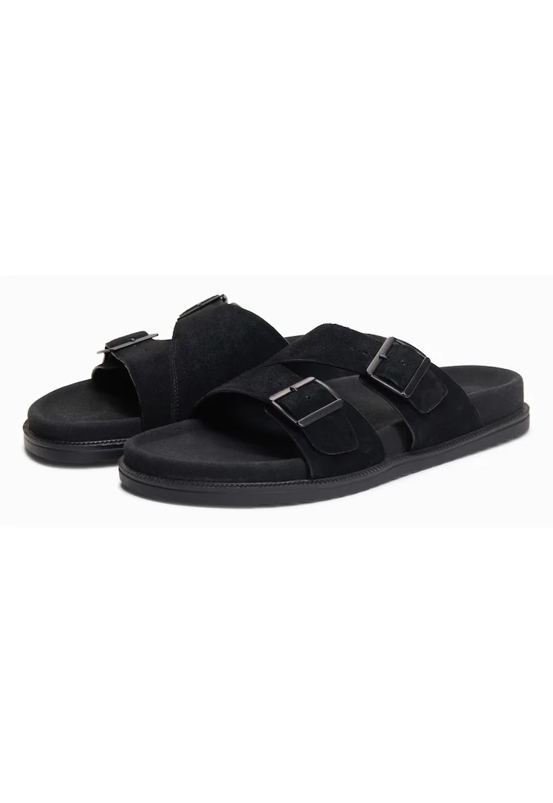 Slapi barbati, piele verde, cu barete, purtare confortabila OM-FOSF-0249, Negru