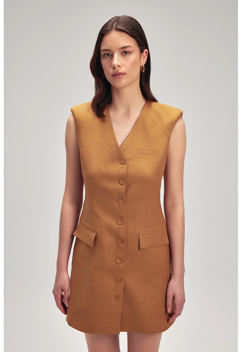 Rochie de in cu croiala in A si umeri intariti, Maro camel