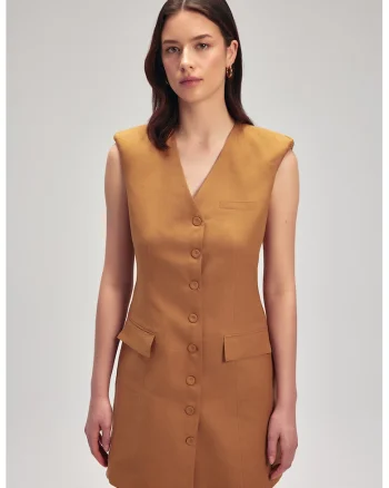 Rochie de in cu croiala in A si umeri intariti, Maro camel