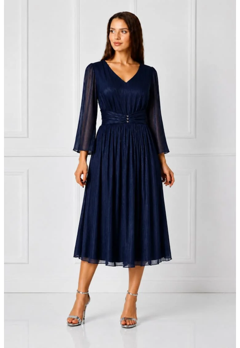 Rochie midi,  din voal organza plisata, argintie, Albastru indigo